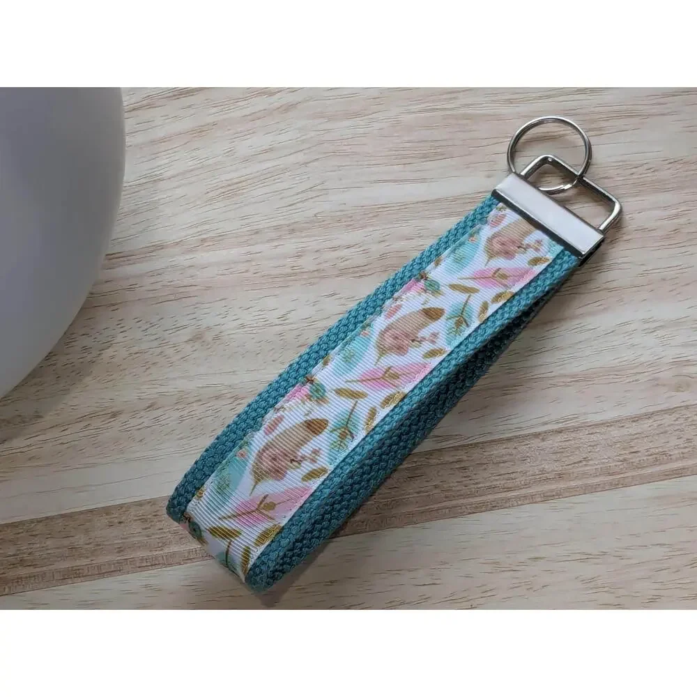 Feather Keychain Wristlet Handmade Boho Fabric Key FOB Sturdy Farmhouse‎ Teal